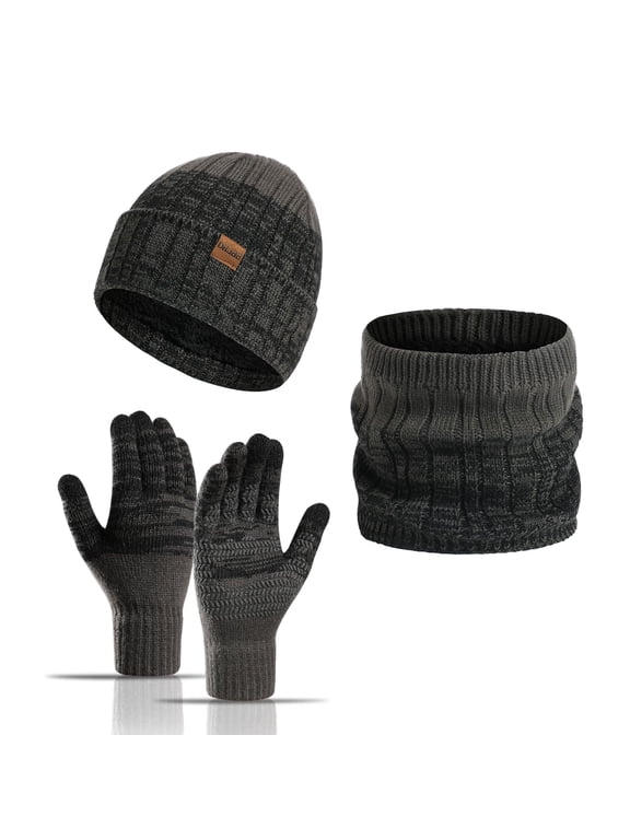 Winter Unisex Beanie Hat Scarf Touchscreen Gloves Set, Beanie Gloves Neck Warmer Set with Warm Knit Fleece Lined (Dark Gray)