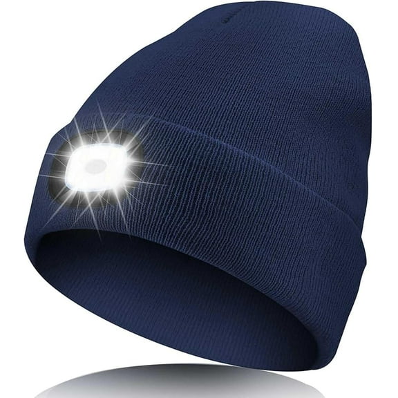 Winter Unisex Beanie Hat with Light, Rechargeable Hands Free LED Headlamp Knitted Light Beanie Cap,Men Gifts for Dad Husband (Navy Blue)