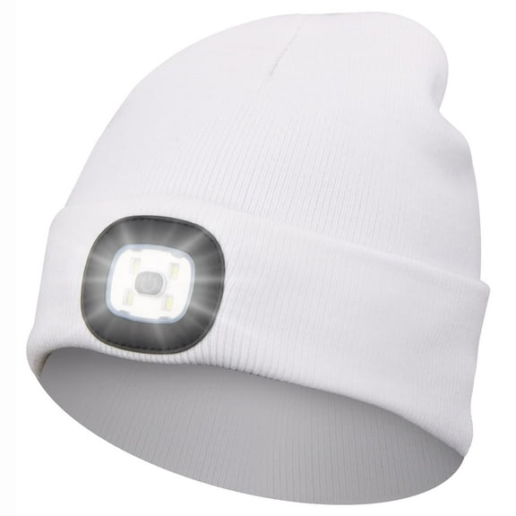 Winter Unisex Beanie Hat with Light, Rechargeable Hands Free LED Headlamp Knitted Light Beanie Cap,Men Gifts for Dad Husband (White)