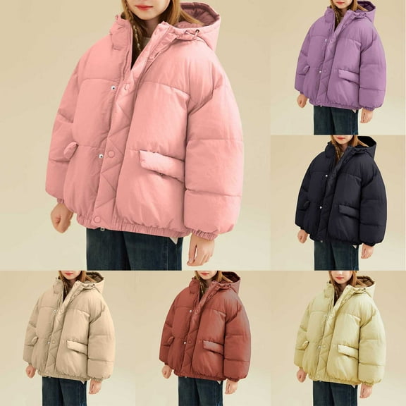 Winter Unisex Puffer Jacket with Hooded Boys Girls Toddler 3-13Y Long Sleeve Thick Velvet Solid Color Down Coat Casual Sport Outerwear