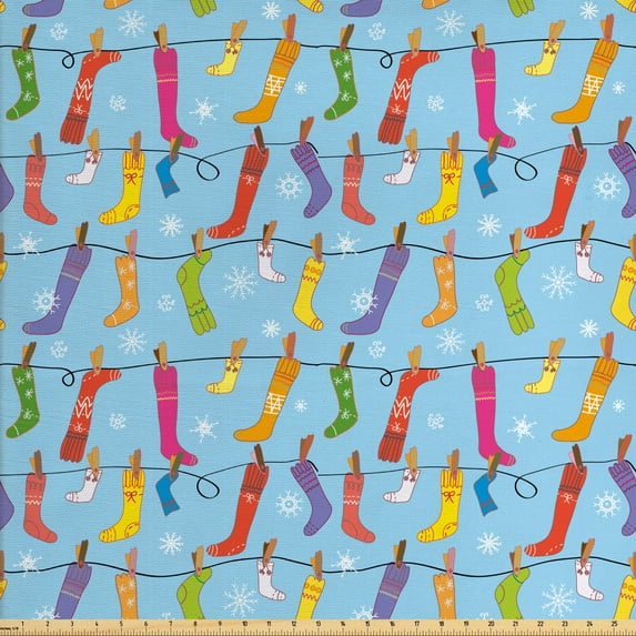 Winter Upholstery Fabric by the Yard, Christmas Theme of Ornamental Socks Hung on a Rope Merry Vibes, Decorative Fabric for DIY and Home Accents, Pale Sky Blue Multicolor by Ambesonne