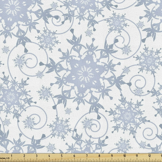 Ambesonne Winter Fabric by the Yard Upholstery, Noel Snowflakes Christmas, 2 Yards, Blue Grey and White
