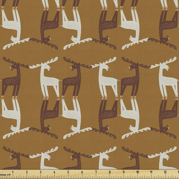 Ambesonne Winter Fabric by the Yard Upholstery, Earthy Silhouettes of Elks, 3 Yards, White Ginger Redwood