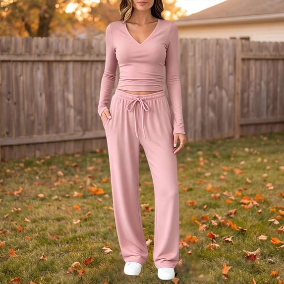 Winter V-Neck Long Sleeve Pajama Set for Women 2-Piece Wide Leg Pants Soft Travel Comfort Pajamas