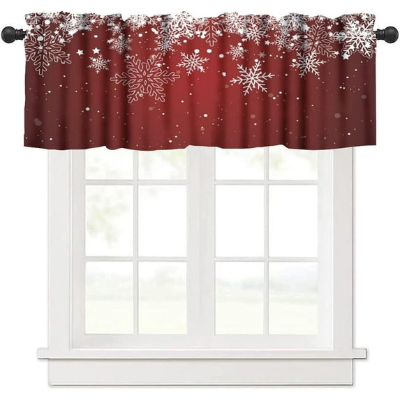 Winter Valance Curtains Christmas White Snowflakes Vintage Red Aesthetic Art Printed Rod Pocket Curtain Valance for Kitchen Bedroom Living Room Decor 1 Panel W54xL18 Inch