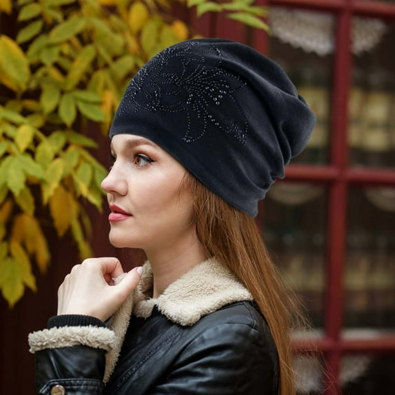 Winter Velvet Rhinestone Print Cotton Cap for Women & Men - Warm Travel Outdoor Cycling Beanie, 56-59cm Head Circumference, Stylish Everyday Wear