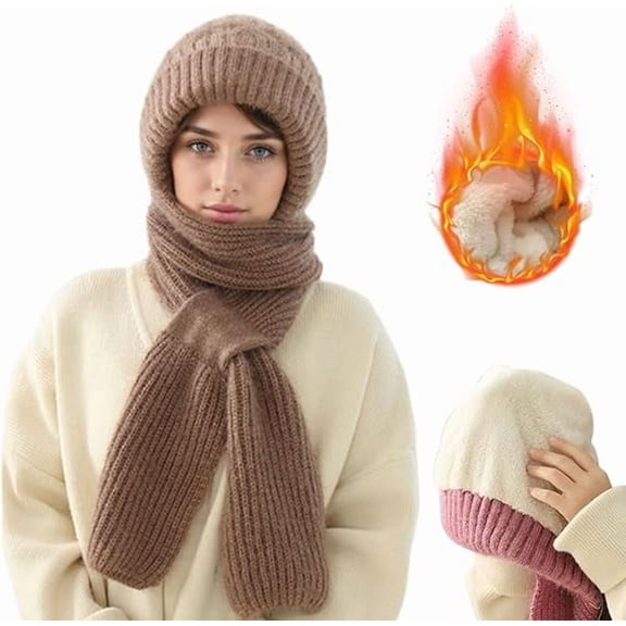 Winter Versatile Knitted Hooded Scarf, All-in-one Warm Windproof Fleece Cycling Protection Ear Cap, Hat with Scarfs Attached