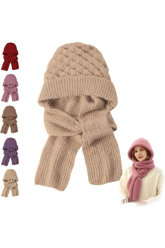 Winter Versatile Knitted Hooded Scarf For Women Warm Fleece Ear Protection Windproof Cap Winter Hat With Attached