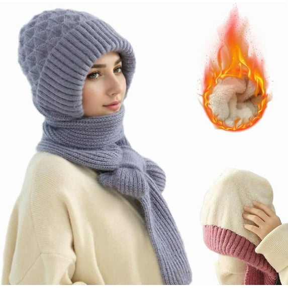 Winter Versatile Knitted Hooded Scarf For Women,Stylish, Versatile, And Available In Multiple Colors All-In-One Beanie And Scarf With Fleece Lining For Windproof Warmth