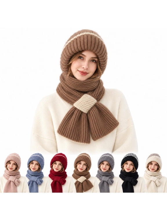 Winter Versatile Knitted Hooded Scarf for Women, 2-in-1 Beanie Neck Warmer