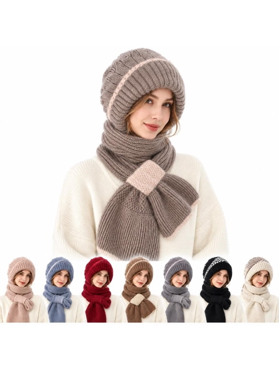 Winter Versatile Knitted Hooded Scarf for Women, 2-in-1 Beanie Neck Warmer