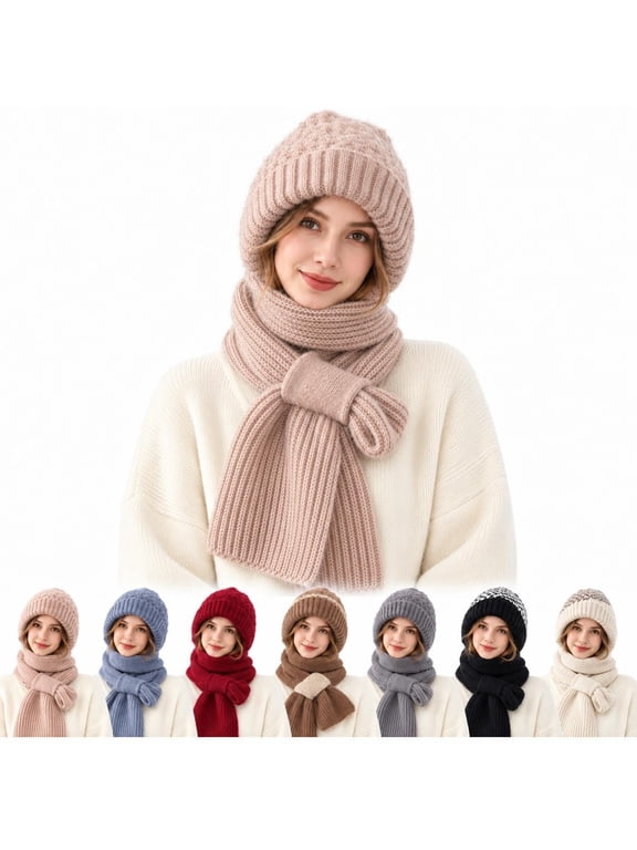 Winter Versatile Knitted Hooded Scarf for Women, 2-in-1 Beanie Neck Warmer