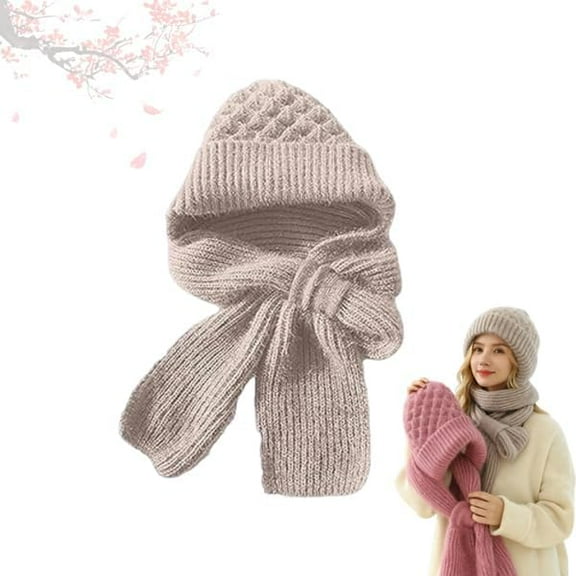 Winter Versatile Knitted Hooded Scarf for Women, Hat Scarf All-in-one Warm Windproof Fleece Cycling Protection Ear Cap,Thickened, Warm And Super Soft
