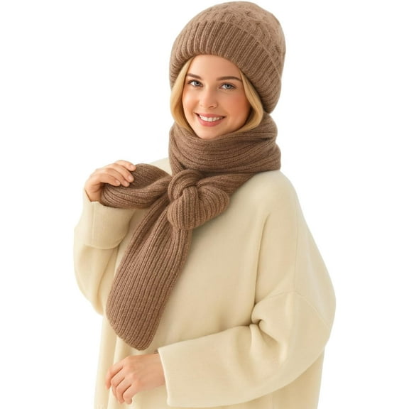 Winter Versatile Knitted Hooded Scarf for Women,Thickened Integrated Ear Protection Windproof Cap Scarf Hat