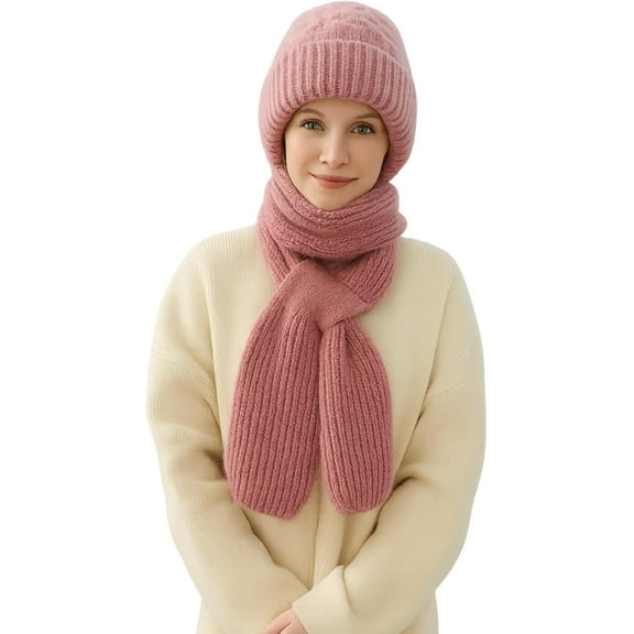 Winter Versatile Knitted Hooded Scarf for Women,Thickened Integrated Ear Protection Windproof Cap Scarf Hat