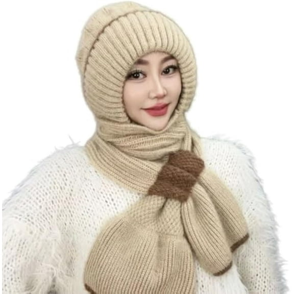 Winter Versatile Knitted Hooded Scarf for Women, Winter Cold Warm Windproof Thickened Ear Protection Conjoined Hat Scarf