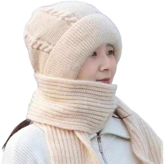 Winter Versatile Knitted Hooded Scarf for Women, Women's Outdoors Windproof Scarf Hat, 3 in 1 Balaclava（Beige）
