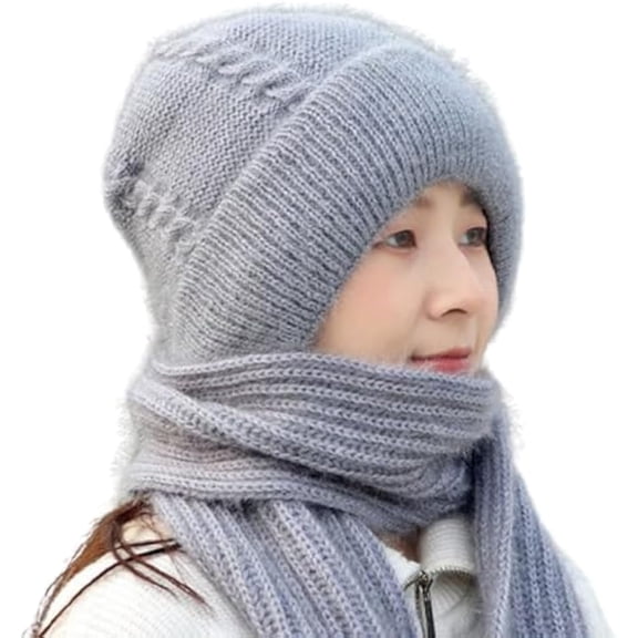 Winter Versatile Knitted Hooded Scarf for Women, Women's Outdoors Windproof Scarf Hat, 3 in 1 Balaclava（Gray）