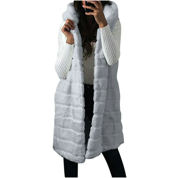 Winter Vest Jacket for Women Womens Faux Fur Coat Casual Solid Cozy Fuzzy Fluffy Fleece Overcoat Plus Size Sleeveless Plush Hooded Long Vest Coat Vest Jacket