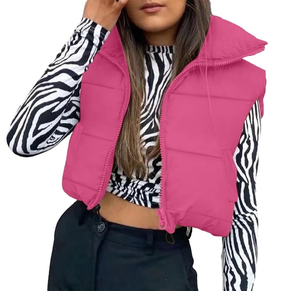 Winter Vest for Women Cropped Zip up Sleeveless Warm Outerwear Padded Coat Stand Collar Gilet Jackets with Pockets XL