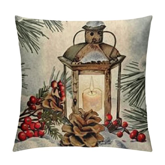 Winter Vibes Cardinal Red Birds Decorative Throw Pillow Cover Berry Wreath Pine Cones Kerosene Lamp Striped Home Decoration Sign, Snow Farmhouse Cushion Case for Sofa Couch Decors