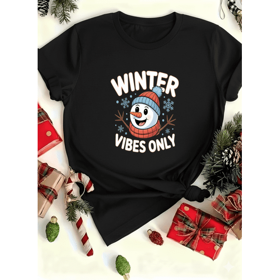 Winter Vibes Only Happy Snowman Cheerful Festive Holiday Art Unisex T-Shirt up to size 5XL