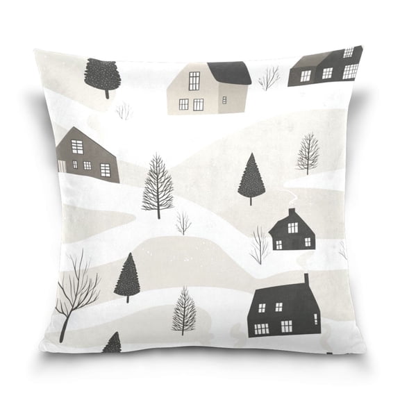 Winter Village 16x16 Inch Plush Velvet Pillowcase Double Sided Print, Hidden Zipper