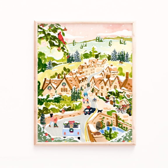 Winter Village Art Poster Cozy Cotswolds Scene - FestiveDecor Poster Art Print Home Decor, Stretched Canvas Size 16x24 F03.1.21l260