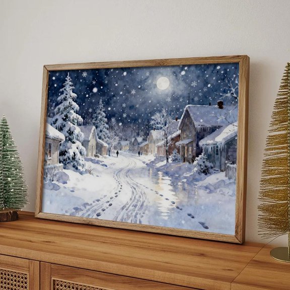 Winter Village Art Snowy Night Landscape Home Decor, 8x12 UNFRAMED
