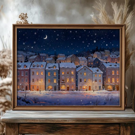 Winter Village Art Snowy Town, Crescent Moon Poster Home Decor, 8x12 UNFRAMED