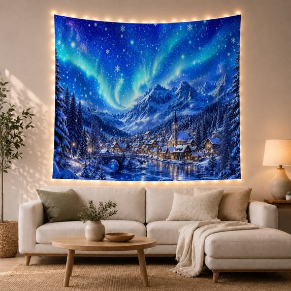 Winter Village with Aurora Borealis Against Snowy Mountains, Serene Fantasy for Landscape Lovers, Scenic Mountain Art, Christmas Gift, Tapestry Wall Hanging for Bedroom and Living Room