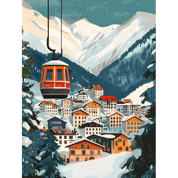 Winter Village Cable Car Canvas Painting/Wall Art Suitable for Living Room Bedroom Office Hotel and Ski Lodge Decoration.