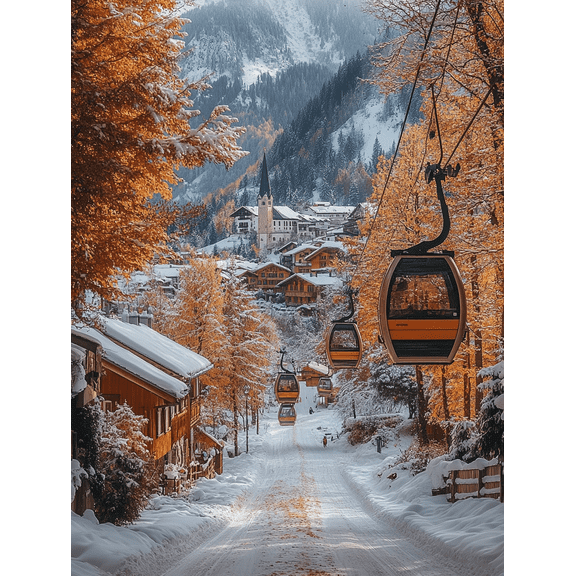 Winter Village Cable Car Canvas Print/Wall Art Suitable for Living Room Hotel and Ski Lodge Decor.