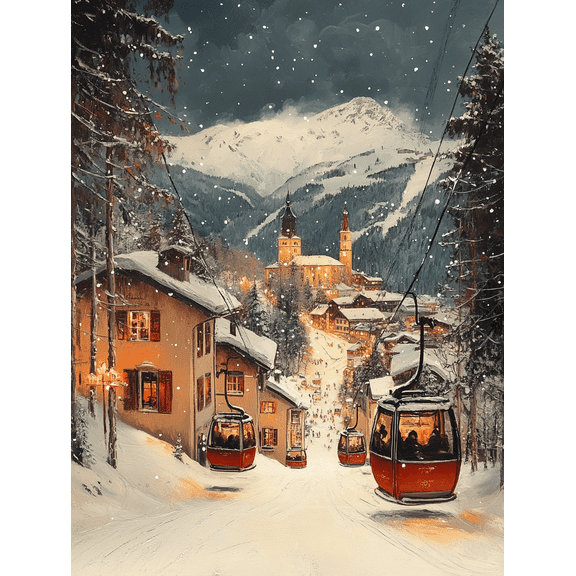 Winter Village Cable Car Canvas Print/Wall Art Suitable for Living Room Office Hotel and Restaurant Decoration.