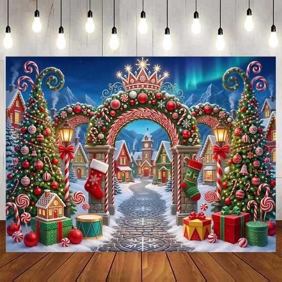Winter Village Candy Cane Christmas Backdrop, Holiday Photo Backdrops 5X3 ft