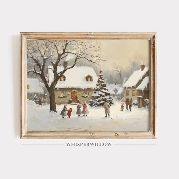 Winter Village Cottage Scene, Able, Winter Tree And Festive Crowd, Snowy Landscape, Vintage UNFRAMED Poster, Wall Art for Decor, Present, 12x18