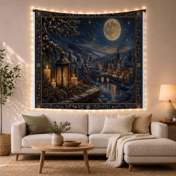 Winter Village Under Full Moon with Lanterns, Cozy Vintage Style for Cabin Decor Lovers, Snowy Wall Decor Housewarming Gift, Tapestry Wall Hanging for Bedroom and Living Room