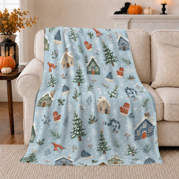 Winter Village Holiday Scene Watercolor Christmas, Festive Holiday Scene, Warm Flannel Blanket for Living Room and Reading Nook, Art Lovers Friendship Gift, Festive Home Decor