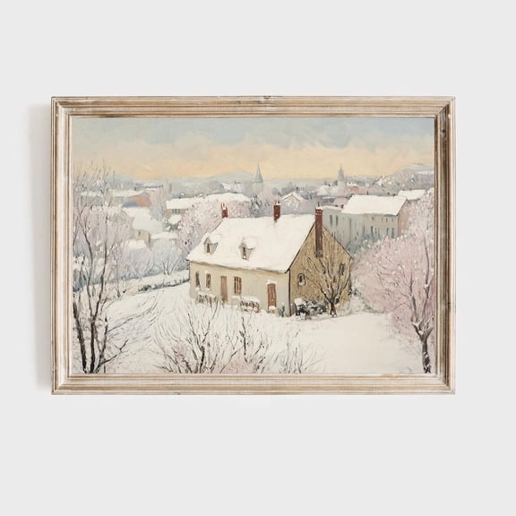 Winter Village Landscape Art Poster, Cozy Snowy Cottage Scene, European Architecture, Peaceful Winter Wonderland Wall Art, 24x36 UNFRAMED