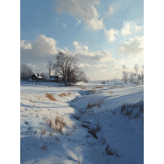 Winter Village Landscape Oil Painting Canvas Print, Suitable for Living Room Farmhouse Office Hotel Decor