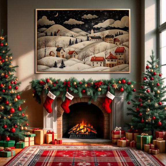 Winter Village Landscape Poster Snowy Hills Wall Art Festive Decorseason Poster Ready To Hang, Unframed Poster Size 8x12