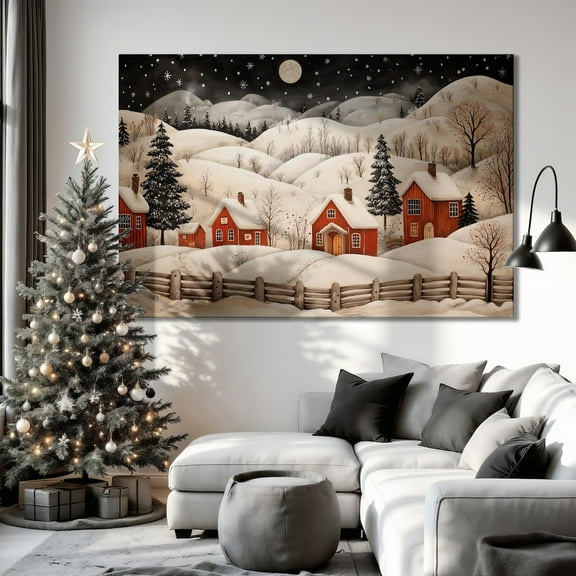 Winter Village Landscape Wall Art Snowy Scene Print Cozy Winter Festive Wall Decor Serene Seasonal Decor Night Poster Ready to Hang Gift, Unframed Poster Size 8x12