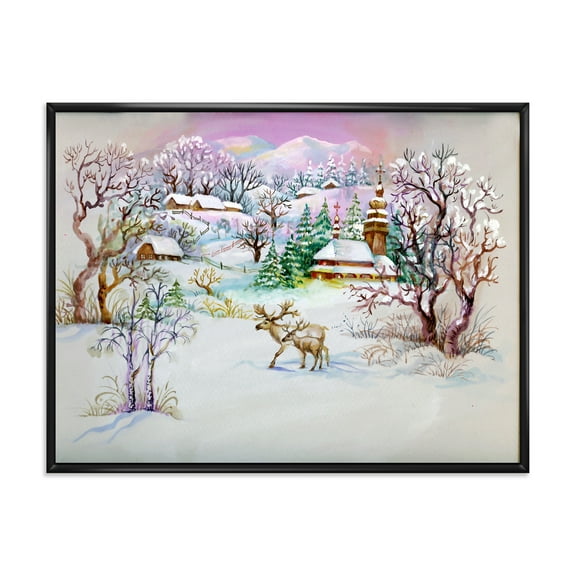 Winter Village Life Landscape 20 in x 12 in Framed Painting Canvas Art Print, by Designart