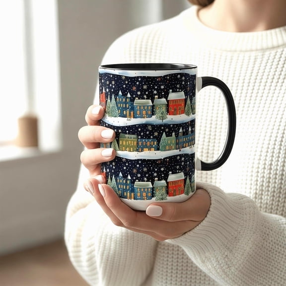 Winter Village Mug Christmas Coffee Cup with Snowy Holiday Houses & Stars Cozy Hot Chocolate Ceramic Seasonal Tea Mug