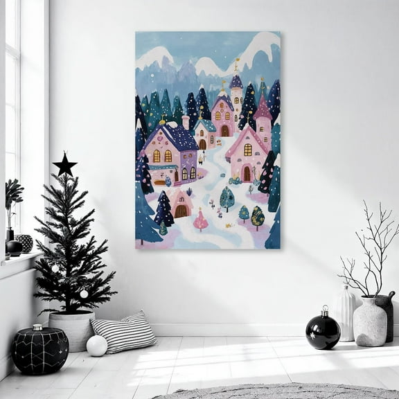 Winter Village with Pink Cottages Wall Art Mountain Landscape Print Snowy Lush Pine Trees Decor Winter Festive Gift Ready to Hang Poster, Stretched Canvas Size 16x24
