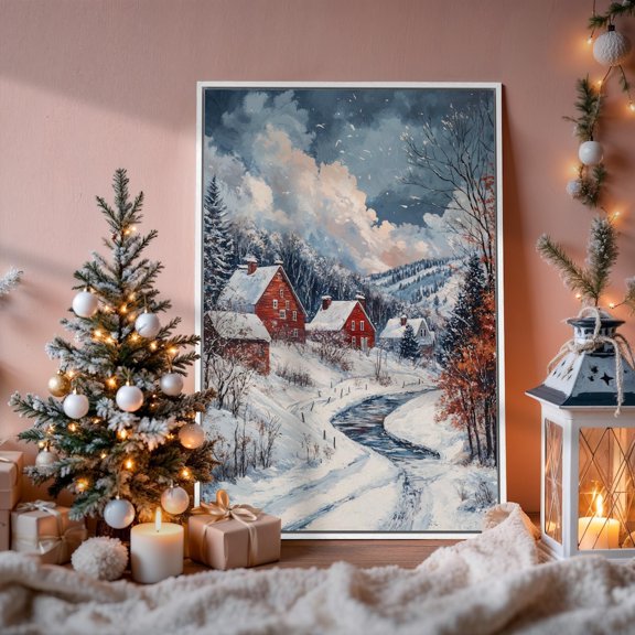 Winter Village Poster Snowy Landscape Wall Art Red Cottage Posterdecor Ready To Hang, Stretched Canvas Size 16x24