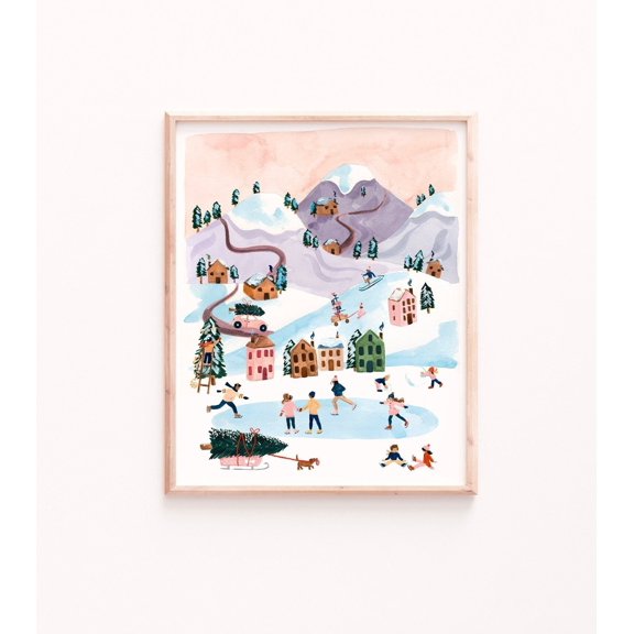 Winter Village Print, Snowy Mountain Landscape (Multiple Sizes) Poster Warm Present Vintage UNFRAMED Poster Size 24x36