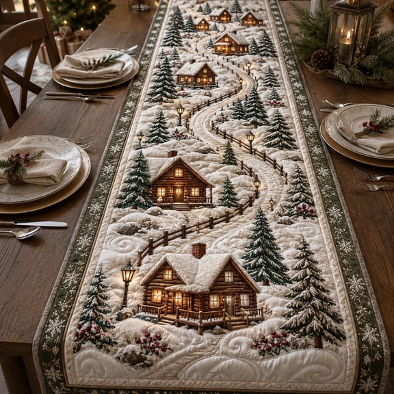 Winter Village Quilted Table Runner, Snowy Cabin Lodge Decor, Holiday Table Scarf