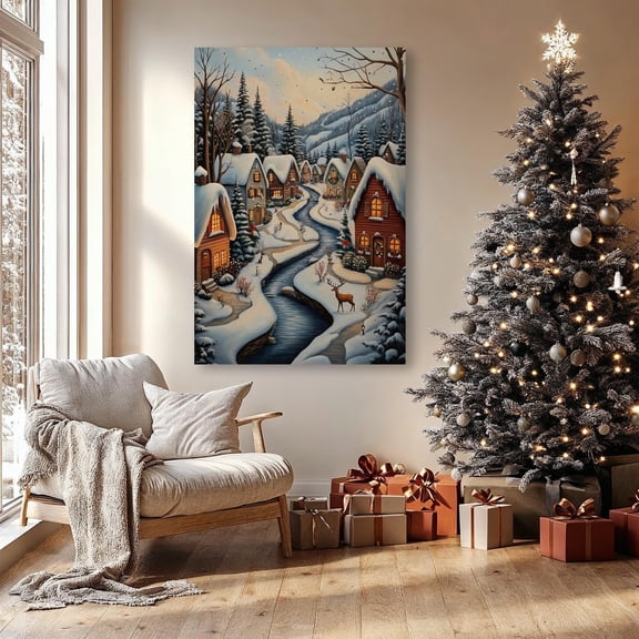 Winter Village by the River Wall Art Mountain Landscape Print Winter Festive Atmosphere Poster Festive Decor Gift Ready to Hang, Unframed Poster Size 8x12