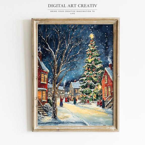 Winter Village Scene Art Print Cozy Seasonal Town Poster Rustic Design UNFRAMED Poster, Wall Art for Decor, Present, 12x18